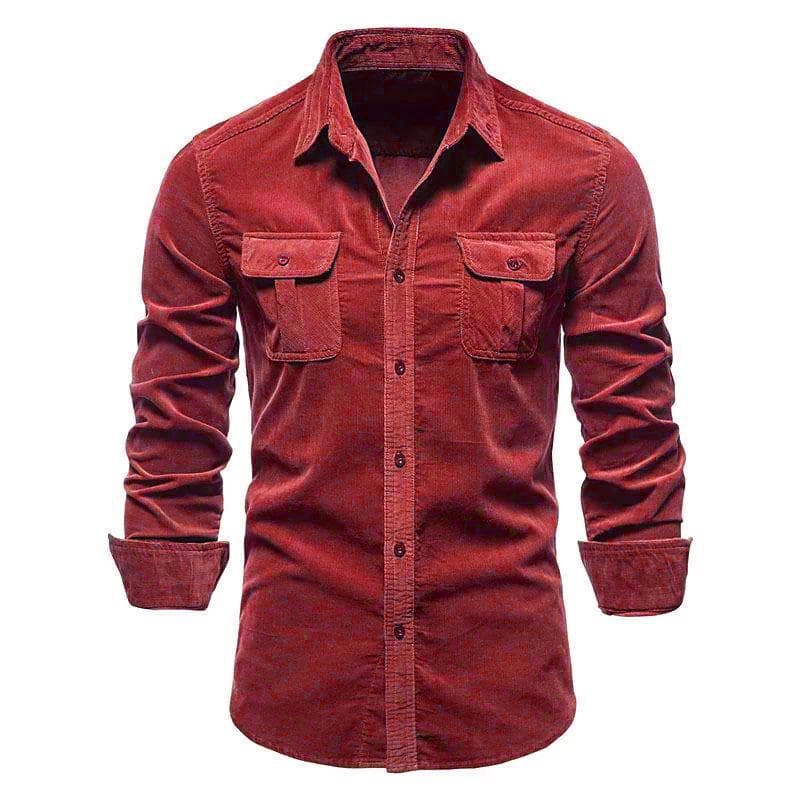 Men's Japanese Corduroy Slim Fit Long Sleeve Casual Shirt XXL claret