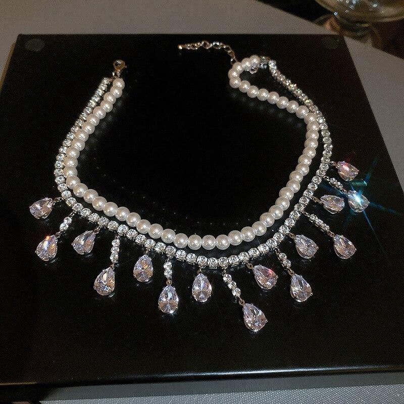 Fashion Shiny Zircon Chokers Necklaces For Women Multilayer Imitation Pearl Chain Necklace For Party Wedding Jewelry