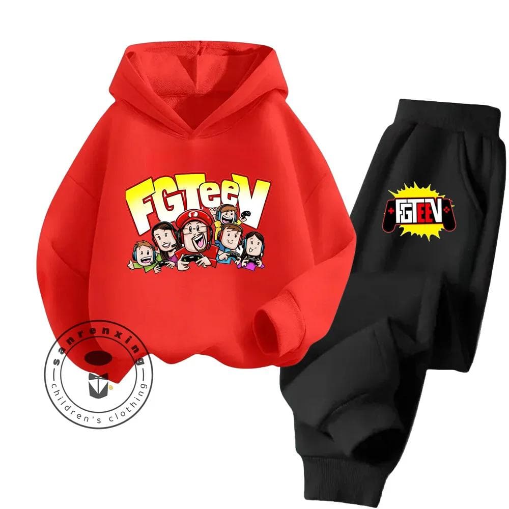 FGTeeV Cartoon Loungewear Ideal for Lazy Weekends Indoors Children's Creative Design Cartoon Printing Pure Cotton Hoodie Set 140