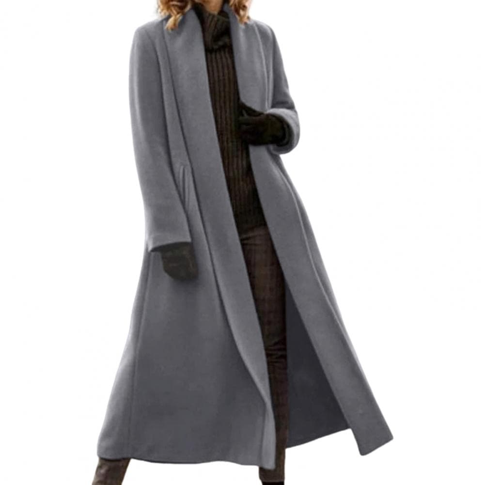 Women Winter Overcoat Open Stitch Turn-down Collar Long Sleeves Windbreaker Loose Cardigan Calf Length Outdoor Woolen Coat S grey