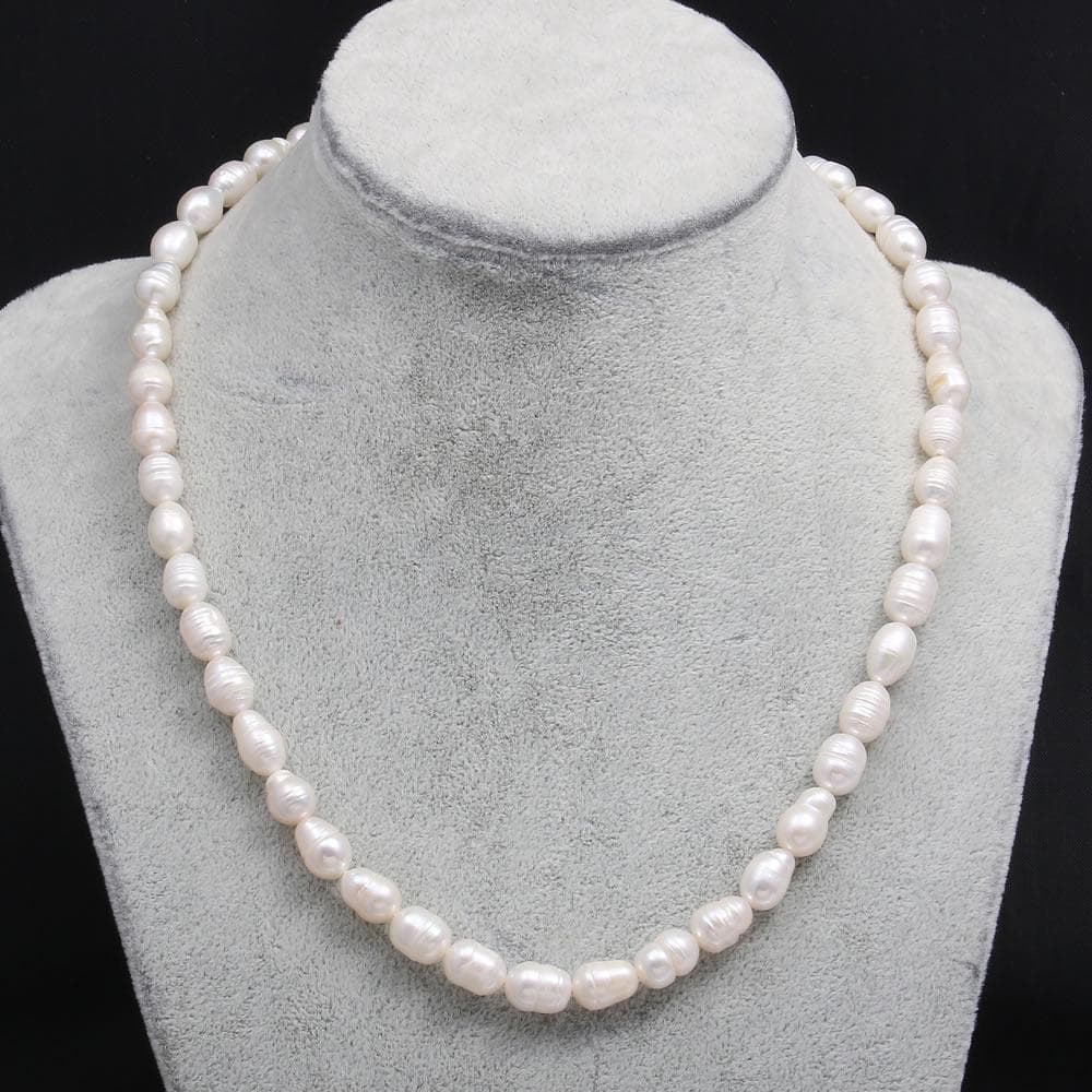 Women pearl necklace natural freshwater pearl rice-shaped beads for birthday gift chain 45 cm 7-8mm white
