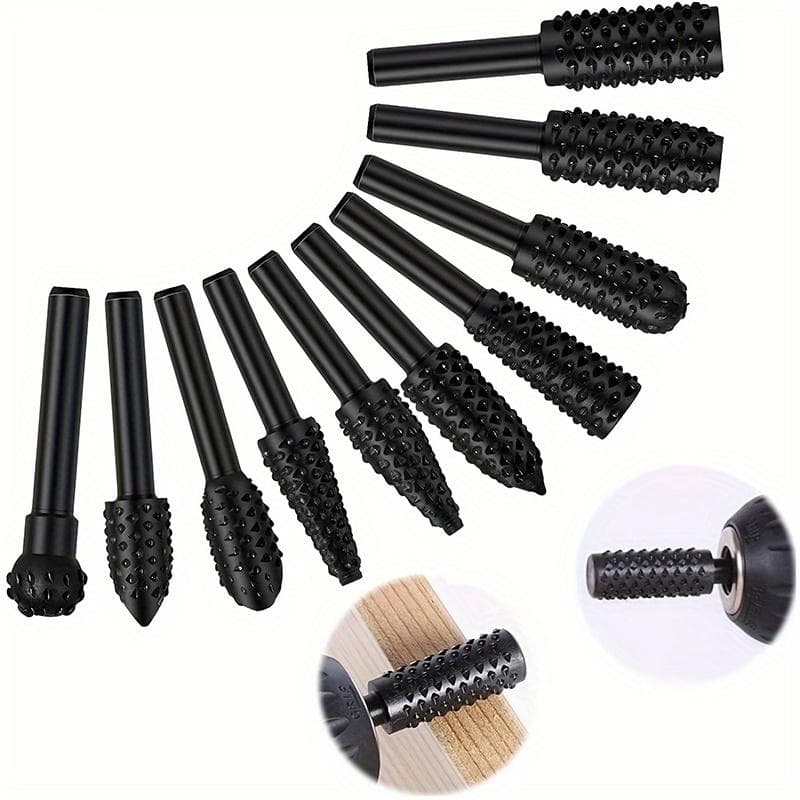 10pcs Wood Carving File Rasp Drill Bit, 1/4  6mm Rotary Rasp Drill Bit Set, DIY Woodworking Rotating Embossed Chisel Shaped Shank 10pc