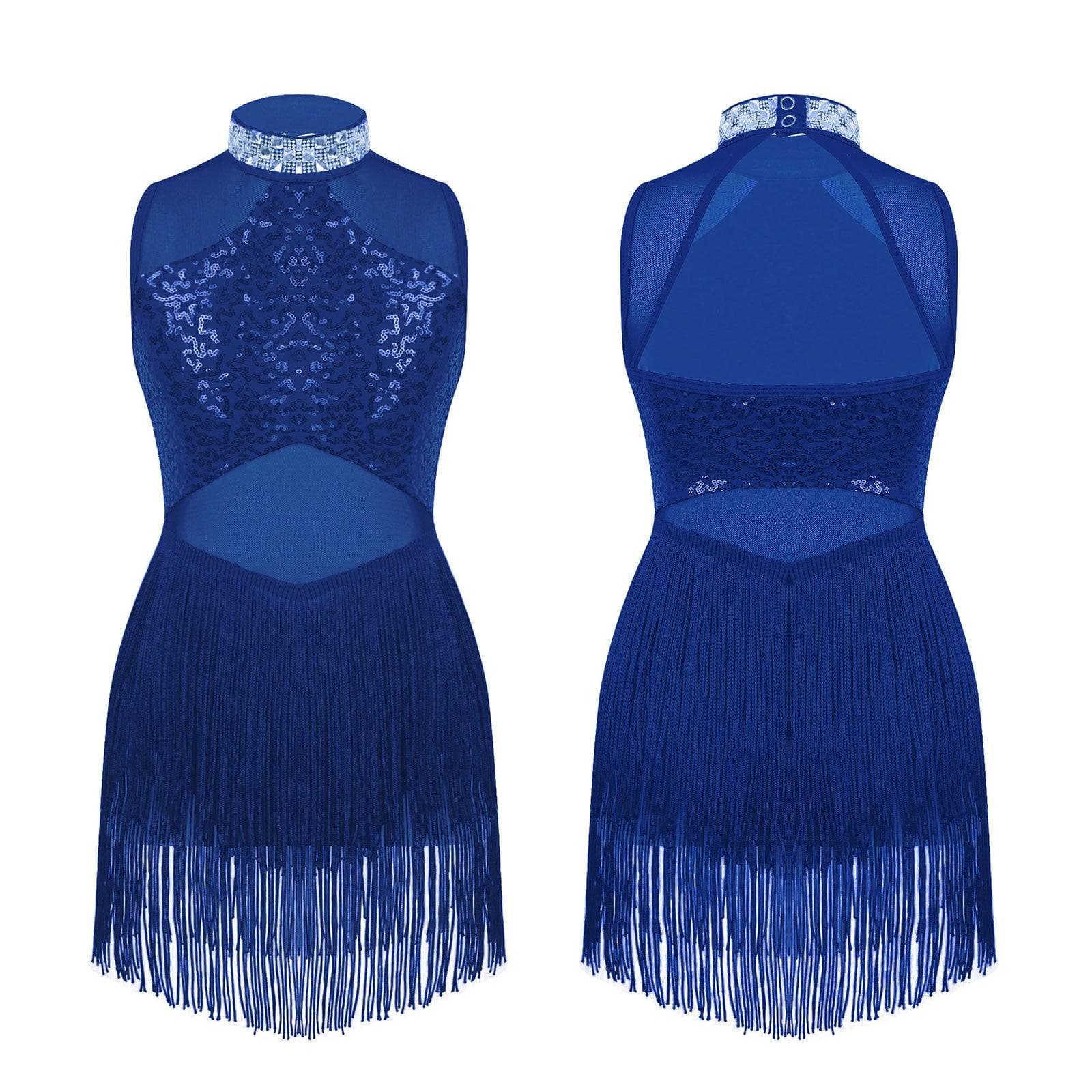 Kids Girls Dance Leotard Sleeveless Mesh Patchwork Sequins Tassel Hem Bodysuit for Latin Jazz Dance 5-6 Years royal blue