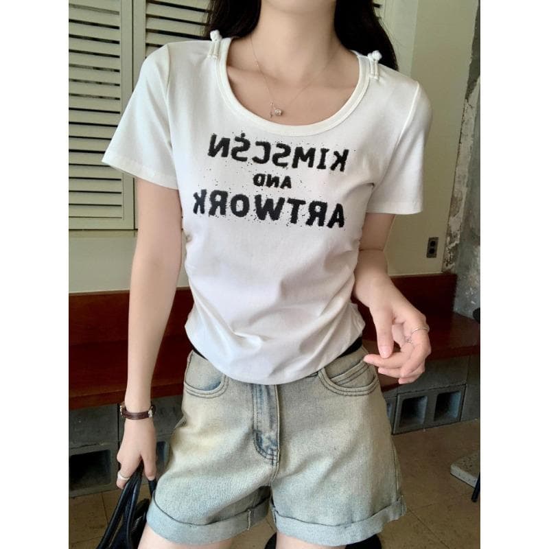 Front Shoulder Letter Printed Short-sleeved T-shirt for Women's Summer New Design Pleated Tight Slim Short Top XL white