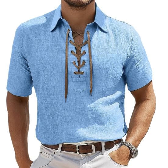 Men's Lace-up V-neck Tee Short Sleeve Lapel T-shirt Solid Color Summer Casual Top for Daily Wear Work Street XXL blue