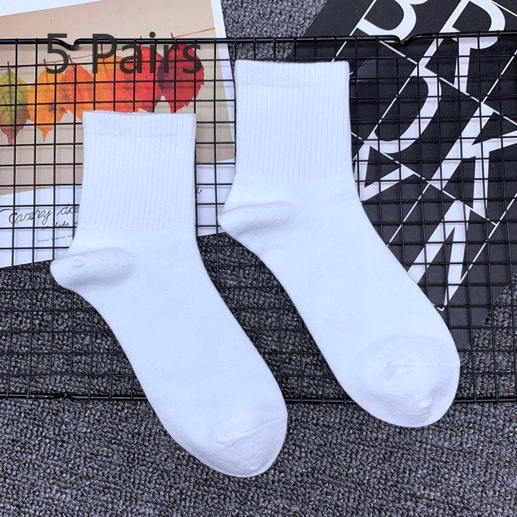 5 Pairs of Tide Solid Colour College Style Sports Mid-calf Cotton Socks Men and Women Couples Short Socks 5 pairs white