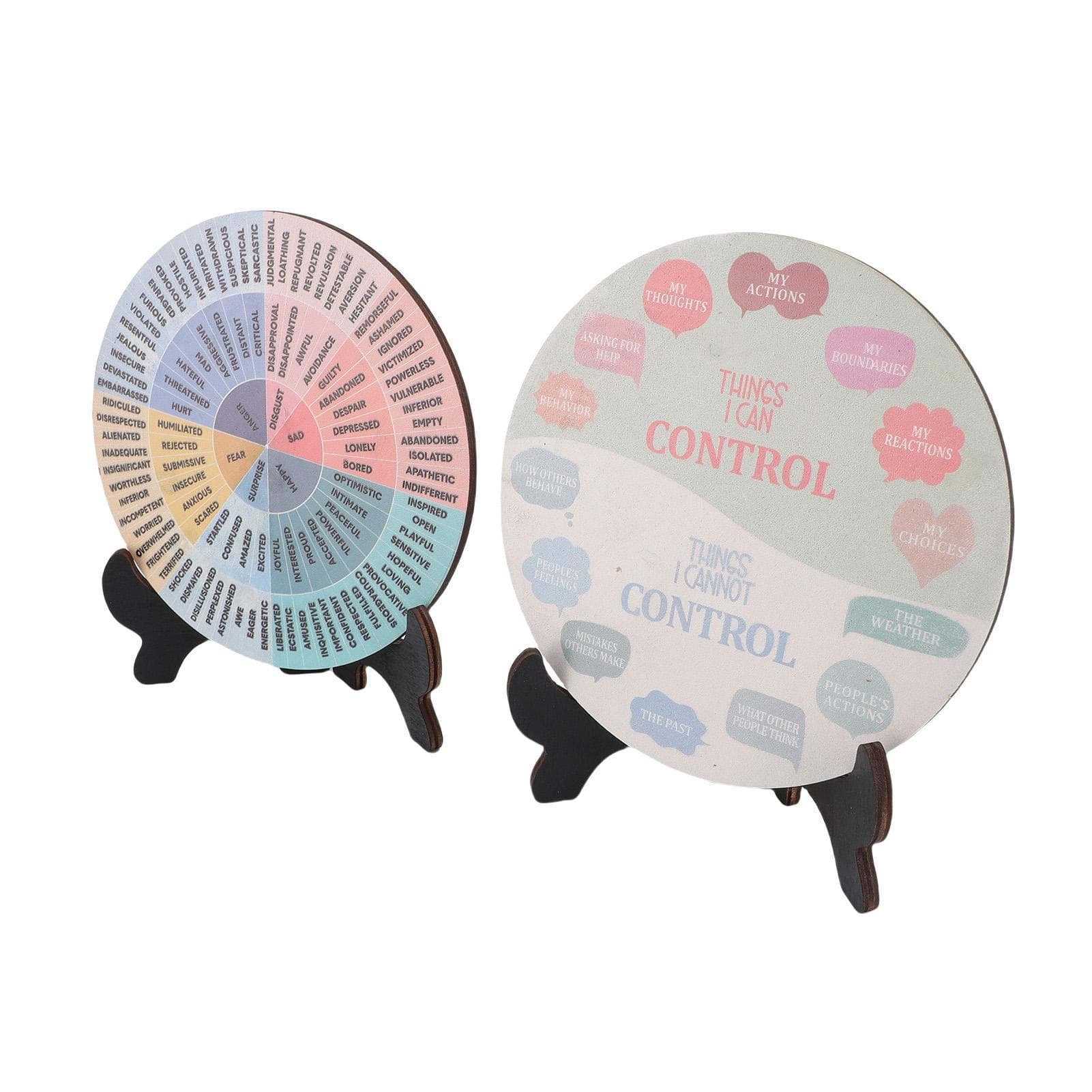 2 Pack Feelings Wheel Desk Decoration Round Emotions Wheel with Stand Poplar Wood for Office