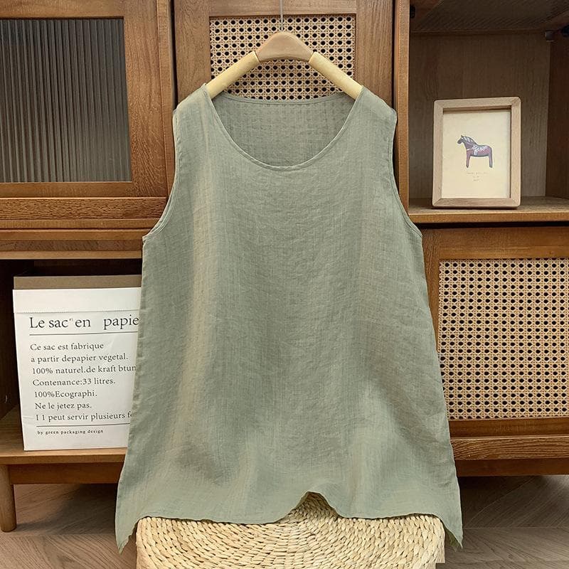 Lightweight Cotton and Linen Loose Sleeveless Vest Women's Summer   Solid Color Shirt Women's Clothing M green