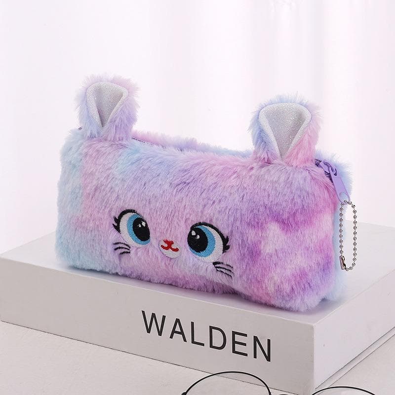 Large-capacity Zipper Pencil Bag, Beautiful Cartoon Creative Plush Pencil Bag for Girls  Stationery Storage Bag purple