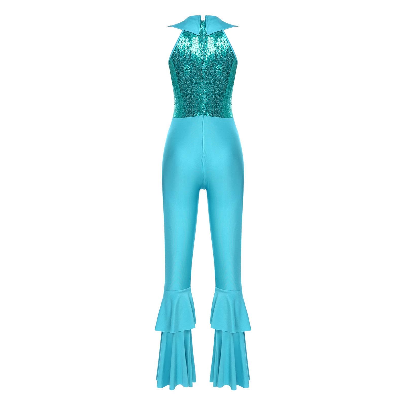 Womens Disco Jumpsuit Shiny Sequins Sleeveless Bell Bottom Design Rhinestone O-Ring Accents for 70s Theme Parties XXL turquoise