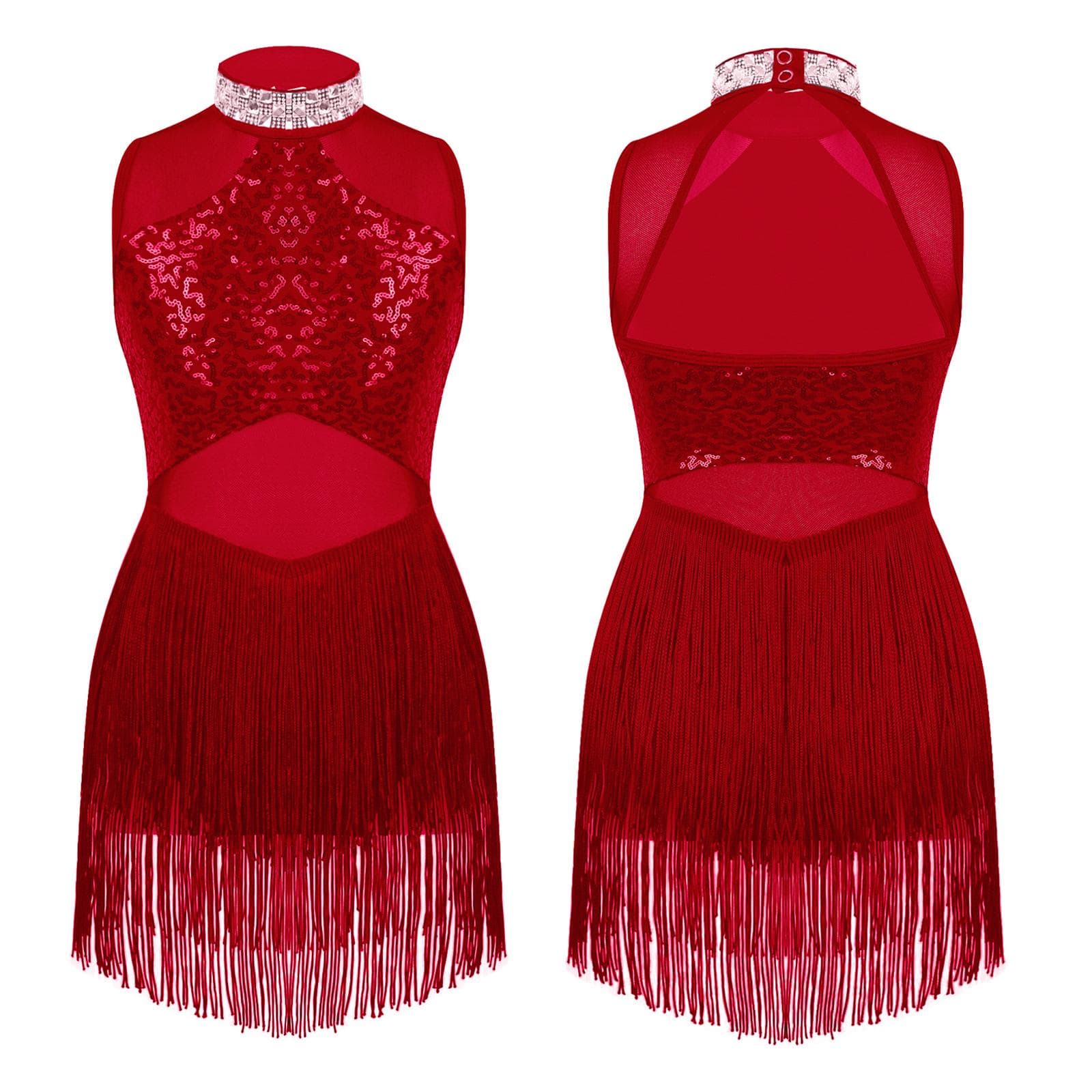 Kids Girls Rhinestone Sequins Decor Mesh Patchwork Style Tassel Hem Dance Leotards for Tango Samba Dance 15-16 Years burgundy