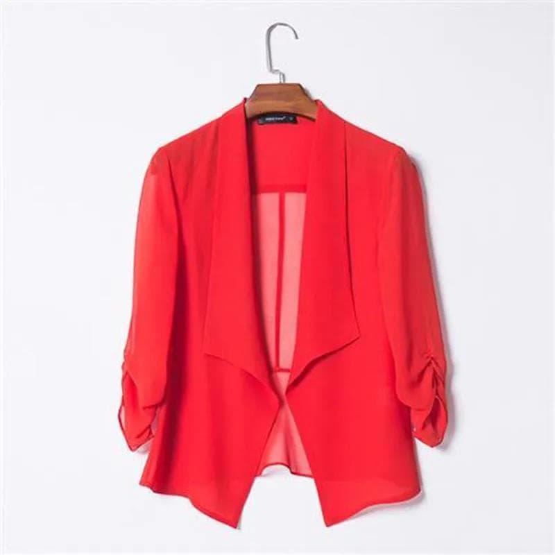 Spring and Summer Women's Chiffon Cardigan Over Thin Suit Collar Cropped Top 5XL red