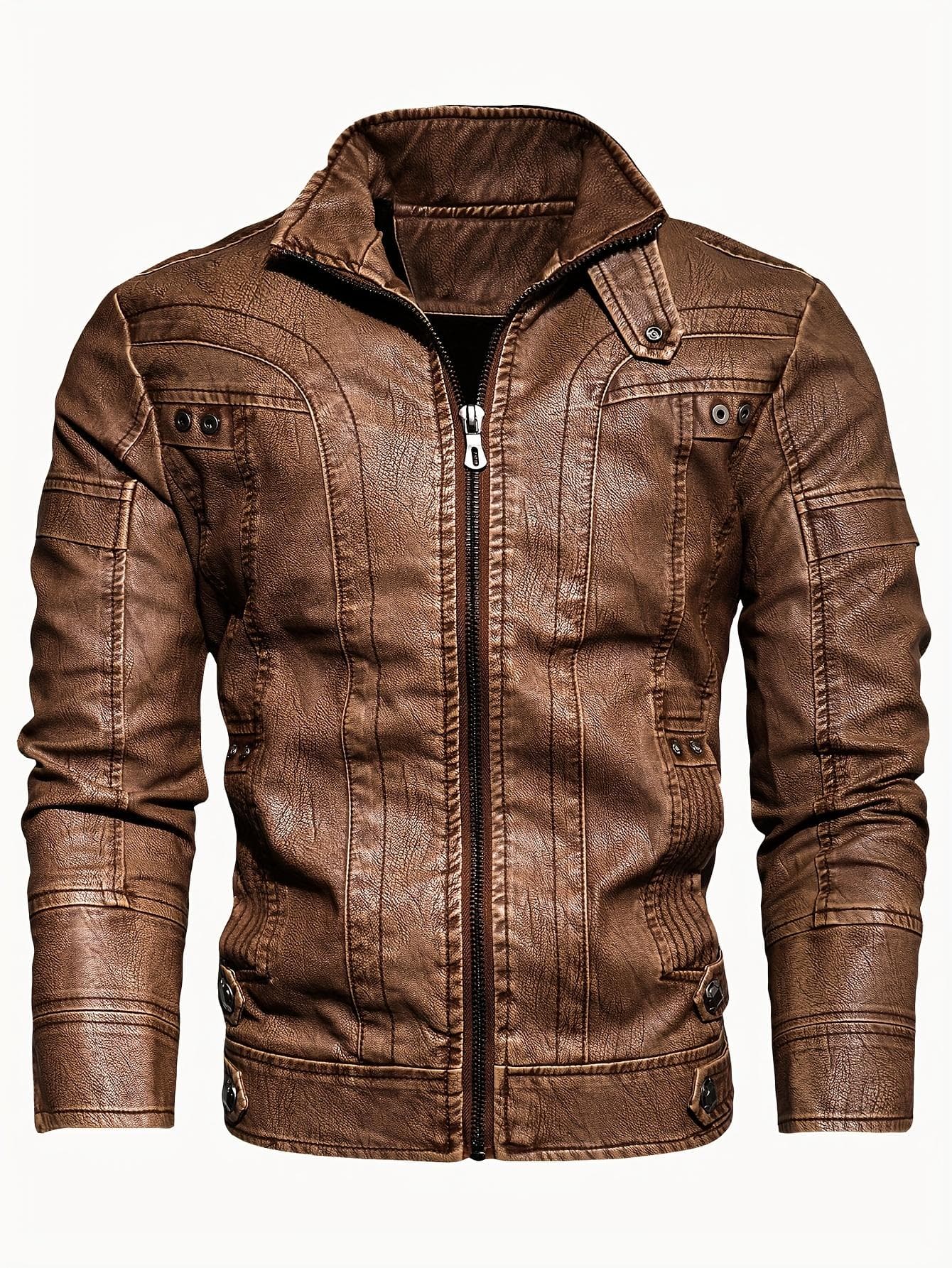 Chic PU Jacket, Men's Casual Zip Up Stand Collar Faux Leather Jacket XXXXXL