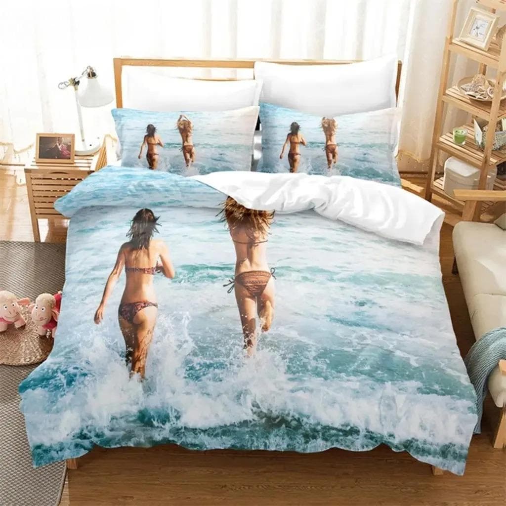 3D Print Seaside Beach Bedding Set,Duvet Cover Comforter Bed Set Quilt Cover Pillowcase,King Queen Twin Size Boys Girls Adultse 135X200cm-2pcs