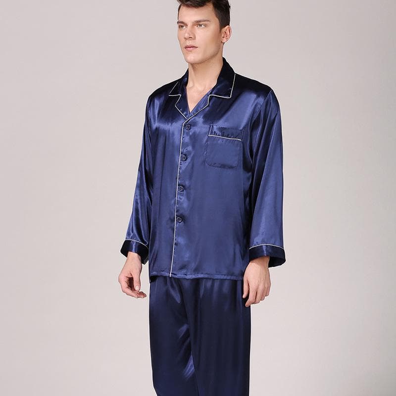 Men's Black Silk Pajamas - Long-Sleeved, Solid Color, Large Size Summer Homewear XL blue