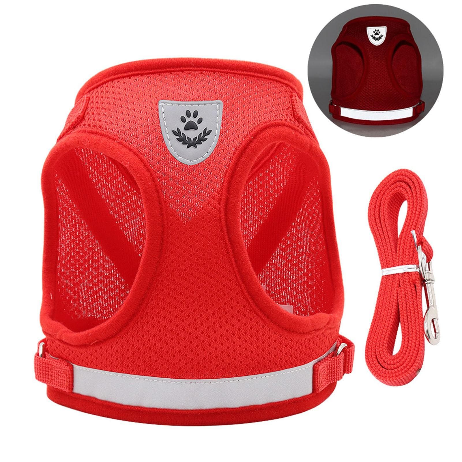 Dog Harness and Leash Reflective Adjustable Breathable 3.9 Feet Pet Walking Leash Set for Small M red