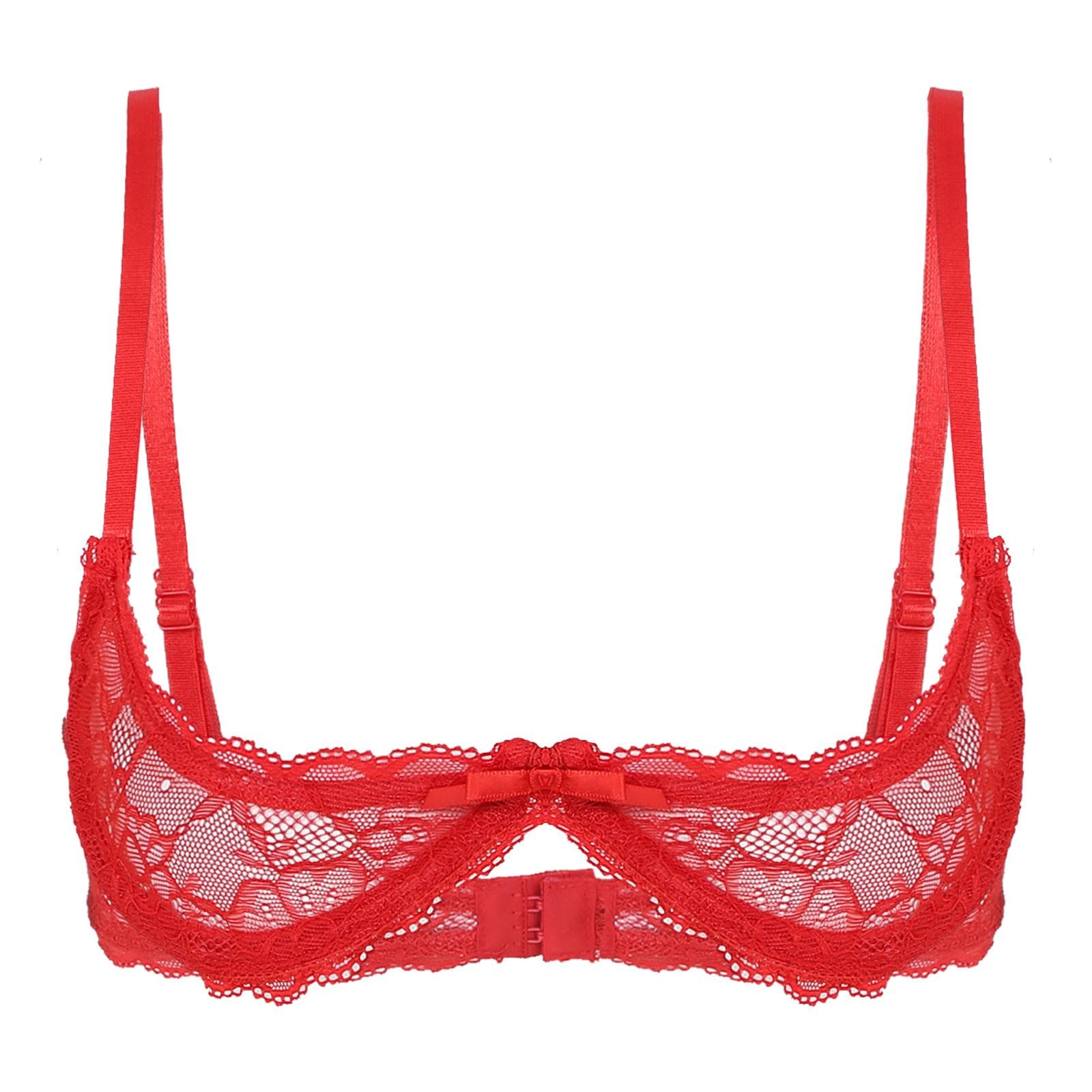 Adults Sheer Mesh Bra Featuring 1/4 Cups and Decorative Lace Details for Everyday Wear 3XL red