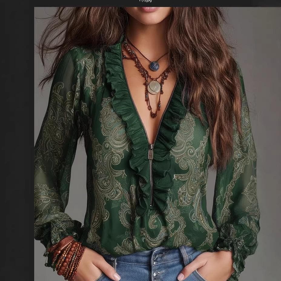 Women 's Sexy Blouse Tops Ruffled Zipper V-neck Sheer Long Sleeve Paisley Print Shirt Elegant Chiffon Boho Styles Chic Tops L green
