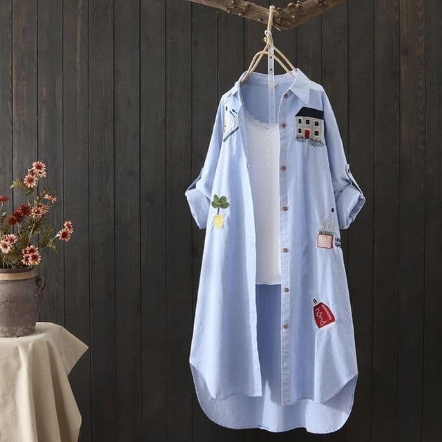 Women Cotton Embroidery Loose Long White Shirts Spring Autumn New Casual Office Lady Blouse Female Top Oversize M blue