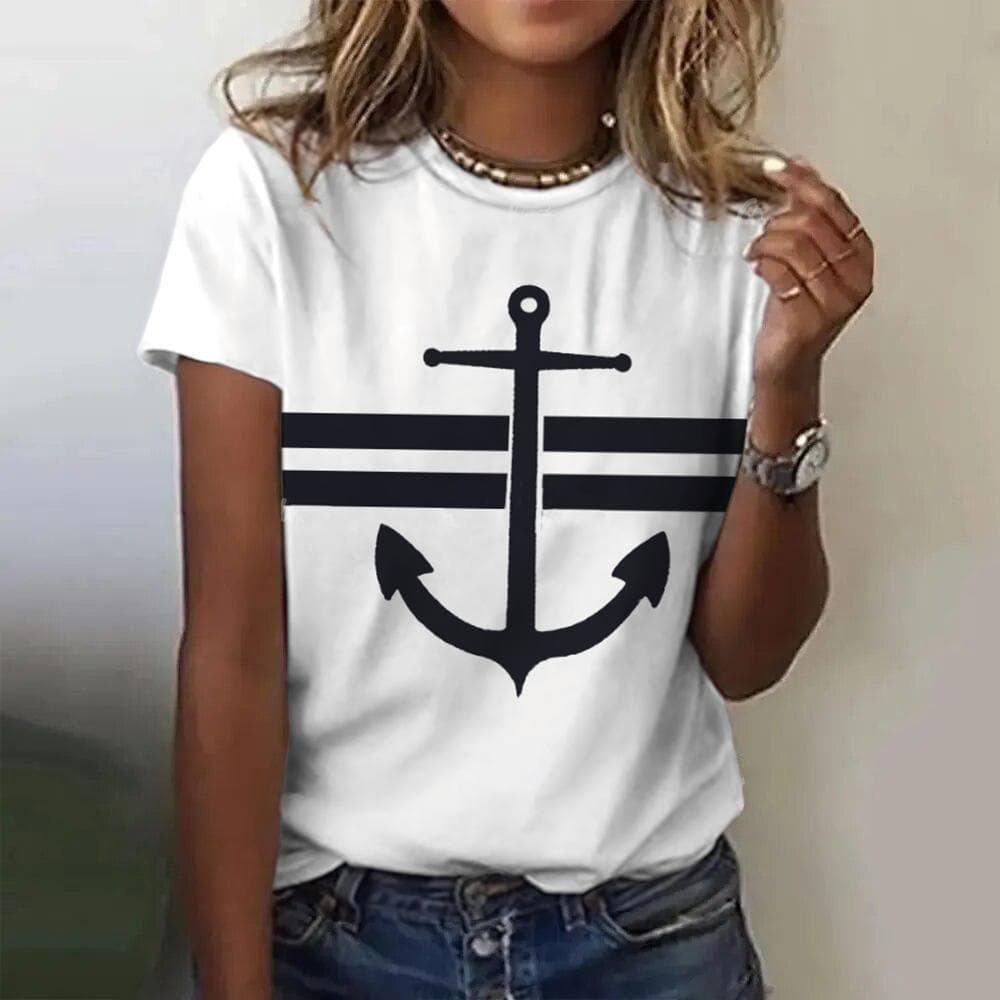 Summer Women T Shirt 3d Print Boat Anchor Print Fashion O Neck Short Sleeve Tees Tops Pullover Women's Casual Loose T-Shirt Y2k Clothing XL