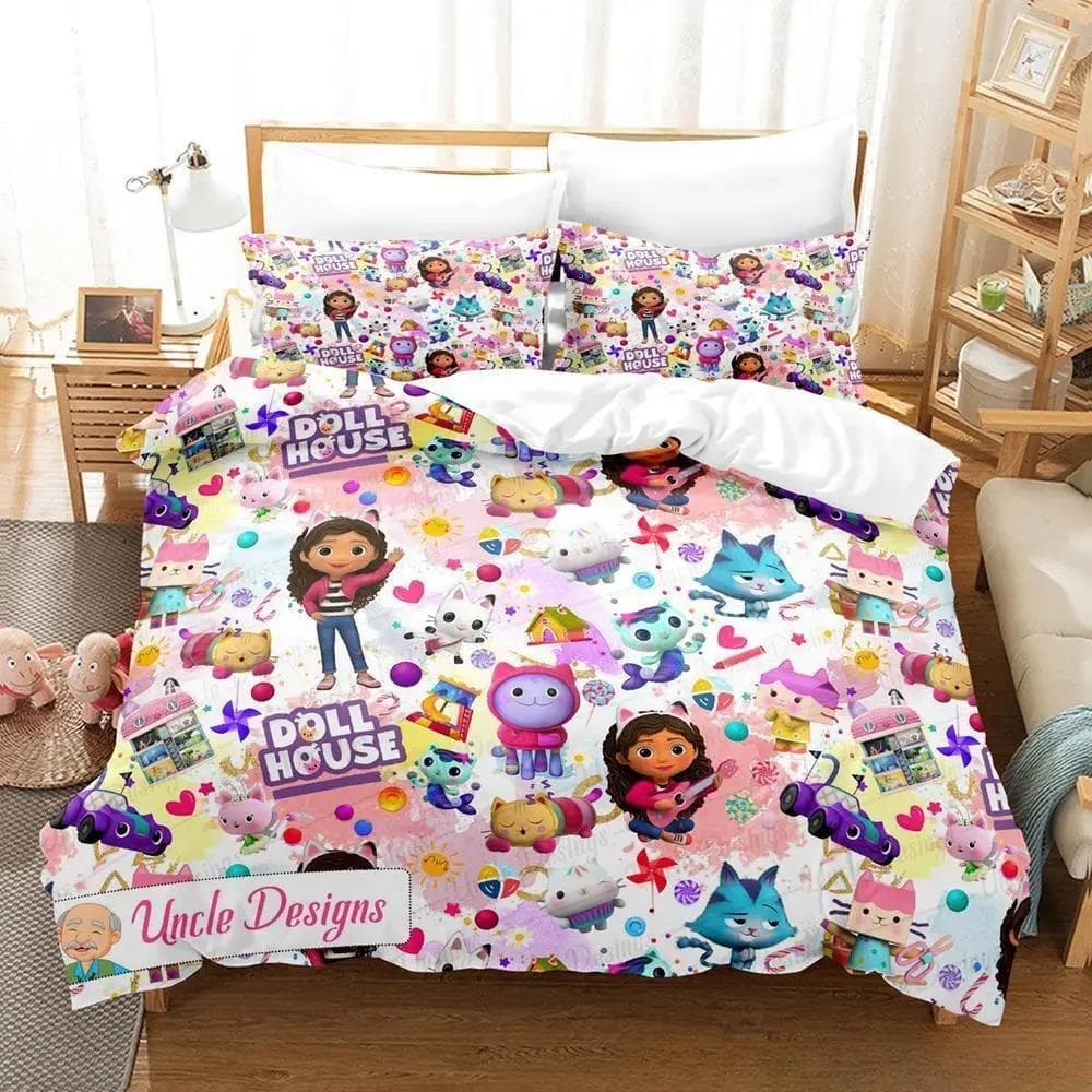 Gabbys Dollhouse Bedding Set Single Twin Full Queen King Size Bed Set Adult Kid Bedroom Duvet cover Sets 3D Anime Bed Sheet Set US King 264x228cm