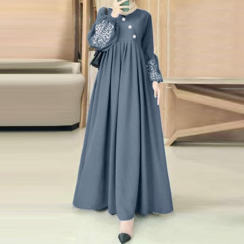 ZANZEA Women Print Patchwork Elasticated Cuffs Lantern Sleeves Casual Long Dress 3XL blue