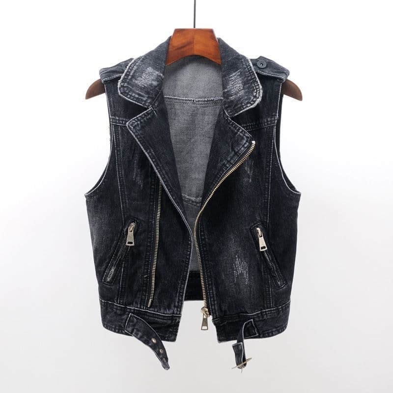 Short Jacket Women Plus Size Jean Waistcoat  Fashion Denim Vest Female Spring Autumn Sleeveless XXXXL black