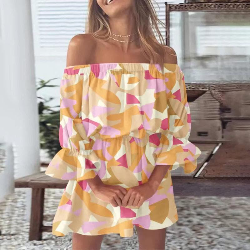 Women Floral Print Mini Dresses Summer Sexy Off Shoulder Flare Sleeve Tunic Dress Female Casual Boho Beach Dress XL yellow