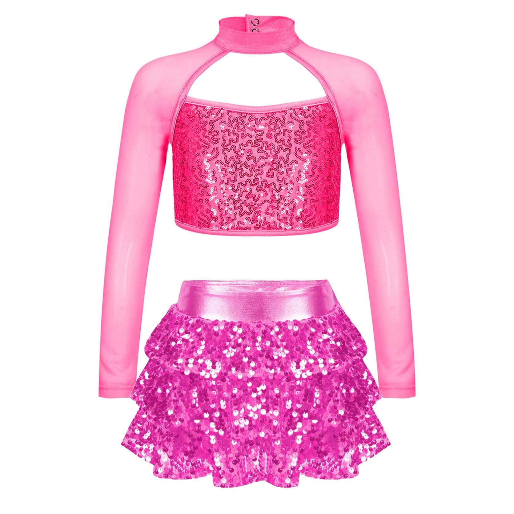 Kids Girls Shiny Sequins Dance Performance Outfit Long Sleeve Cutout Crop Top with Tiered Ruffle Skirted Shorts Culottes 13-14 Years hot pink