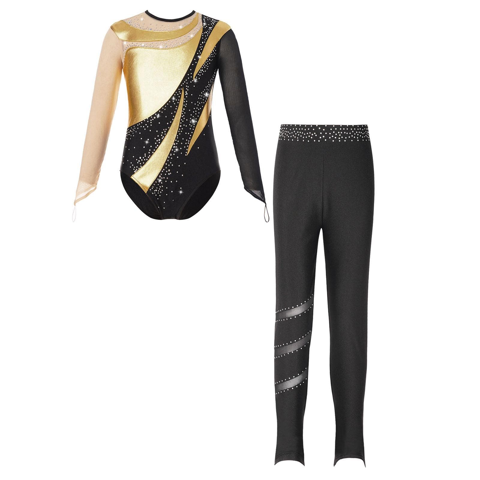 Girls Gymnastics Leotard Metallic Patchwork Mesh Long Sleeve Keyhole Back Sparkly Rhinestones Leggings 13-14 Years gold