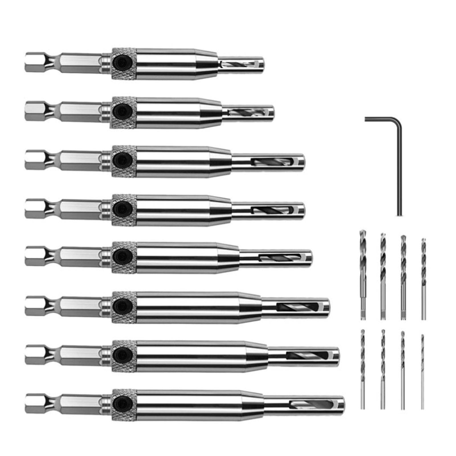 16Pcs Self Centering Drill Bit Set with 1 Hex Key for Woodworking Window Door Hinges 16Pcs silver