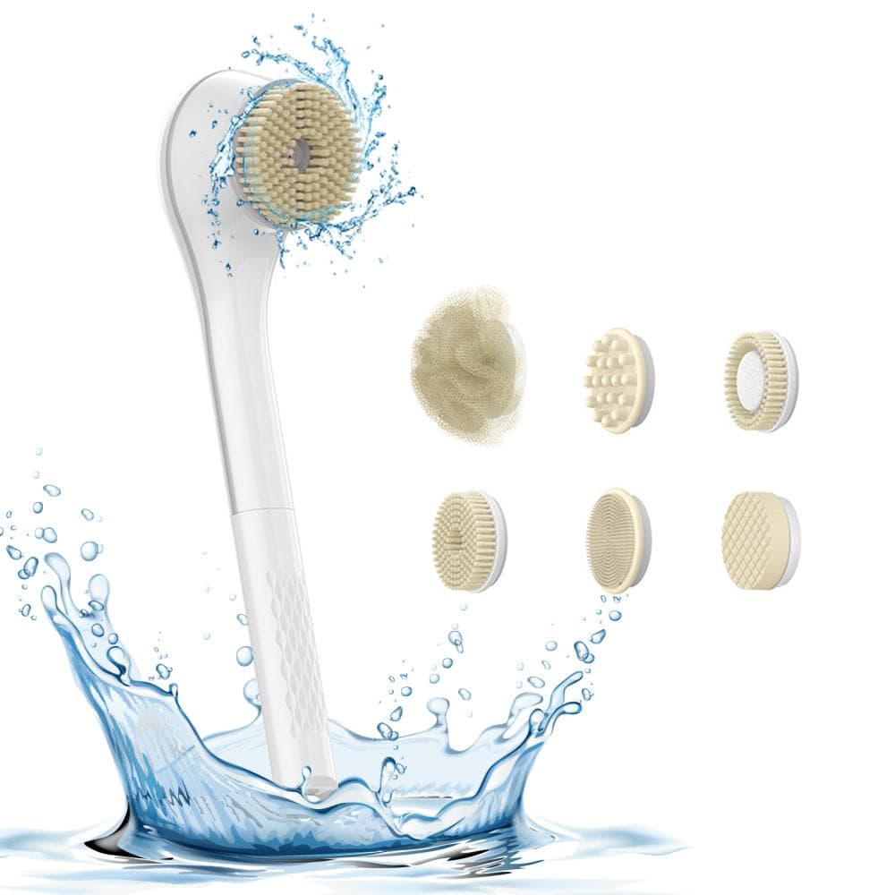 Electric Body Brush Back Scrubber for Shower Type-C Rechargeable IPX7 Waterproof 3 Gears 6-in-1 white