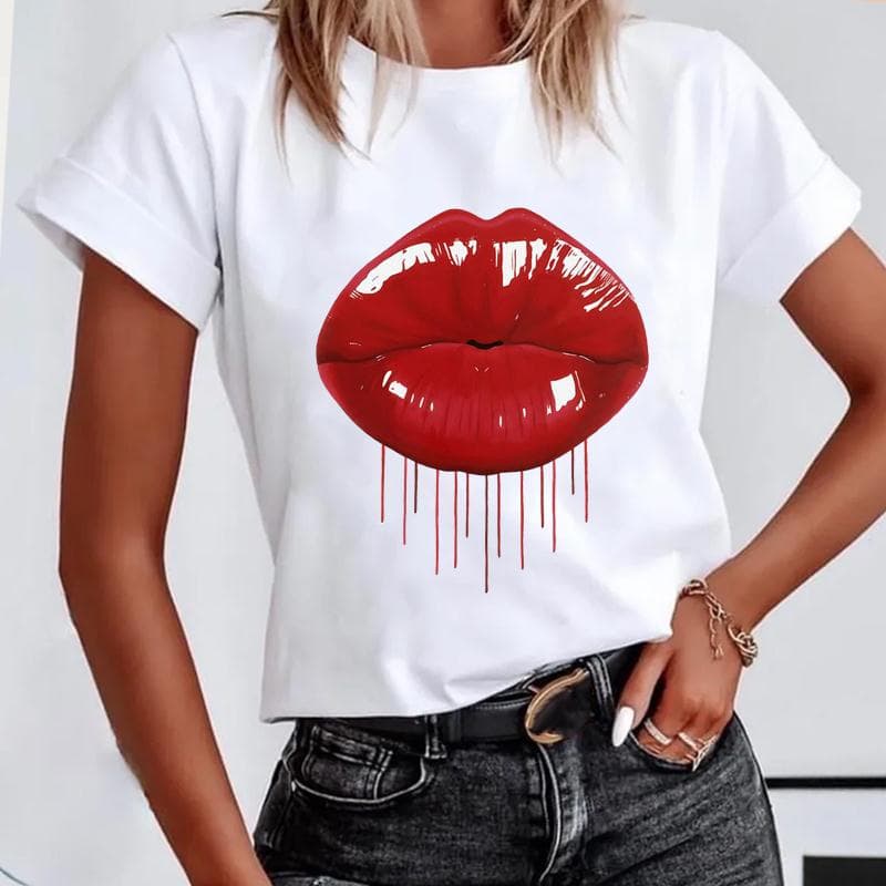 (Asian size) Short Sleeve Lip Love Sexy Trend Cute Lovely Women's Print Tee Top Summer Fashion Tshirt Woman Female Basic T Clothing Graphic T-shirts XL
