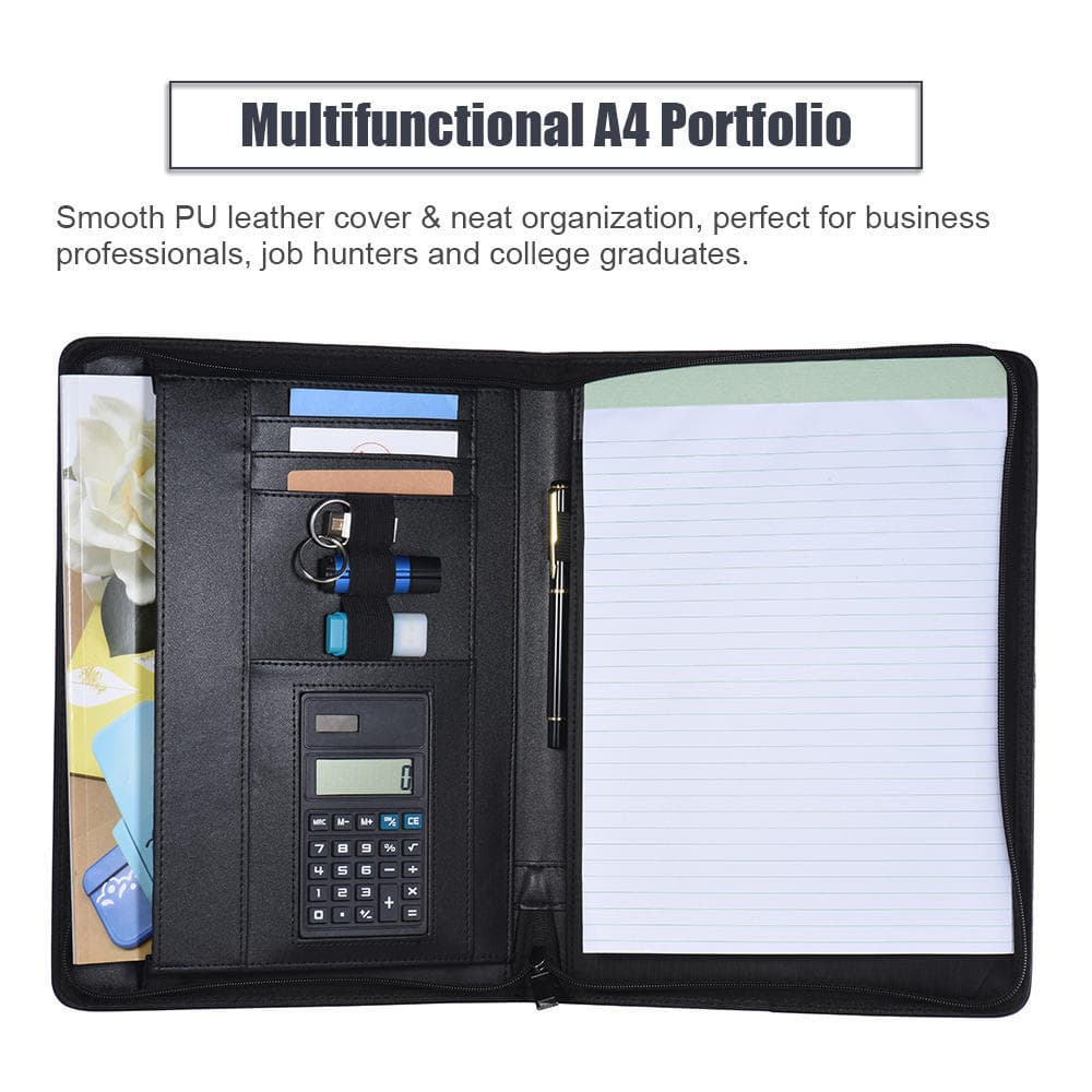 A4 Zippered PU Leather Business Portfolio Folder Case Organizer +Calculator