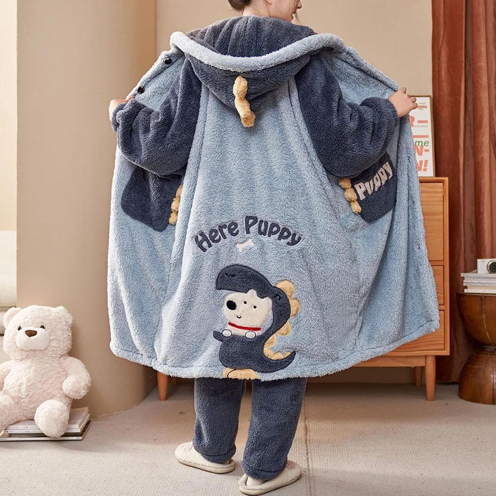 Winter Women Nightgown Nightgown Robe 6XL Plus Size Sleepwear with Pant Thick Warm Flannel Kimono Bathrobe Set Coral Home Cloth XL