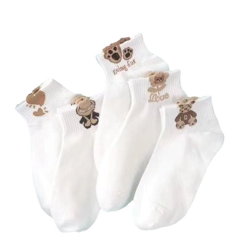 Socks Female 2025 New Short Socks Cute Flower Cartoon Spring and Autumn Bear Low Socks Female Joker Socks 5pcs white