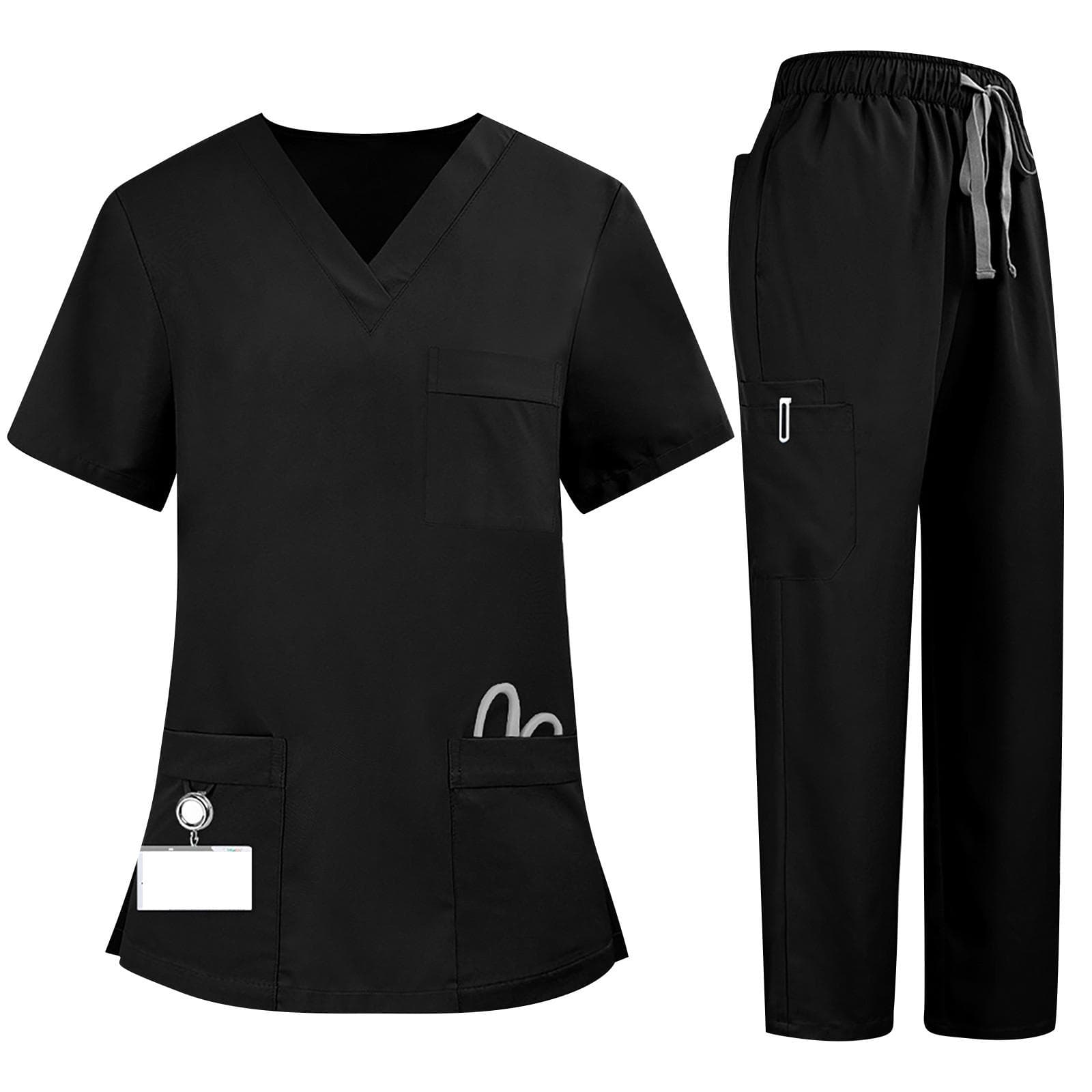 Soild Scrub Working Uniform Suit For Women's Cross V-Neck Short Sleeve Fun T-Shirts Workwear Tee With Pockets M black