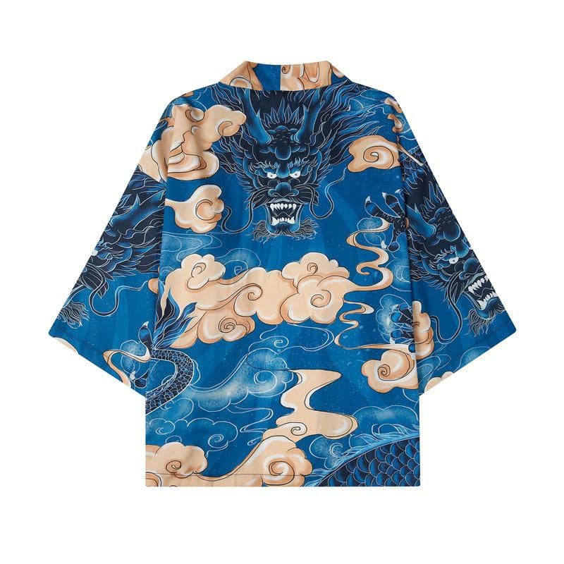 Traditional Samurai Kimono Men Japanese Anime Dragon Print Cosplay Haori Female Cardigan Yukata Shirt Summer Robe 2XL khaki/blue