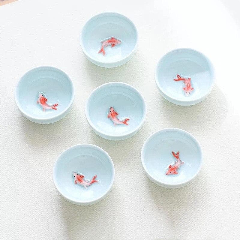 6Pcs/Set Office Tea Cup Creative Celadon 3D Fish Teacups Crackle Glaze Travel Tea Bowl Porcelain Kung Fu Water Mug Drinkware