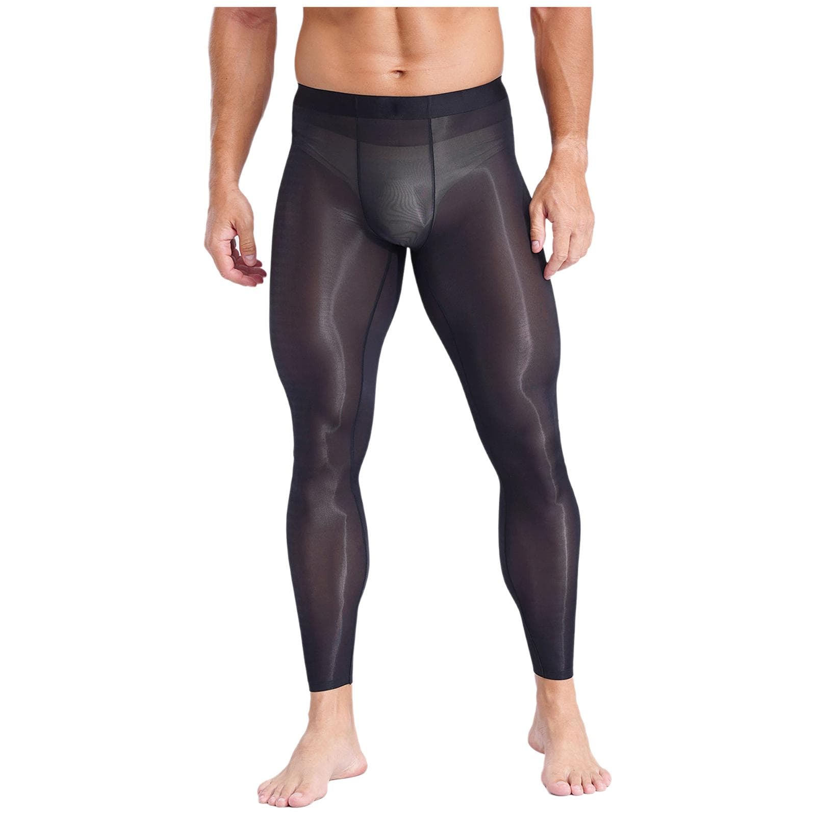 Mens Ultra-Thin Silky Yoga Leggings Elastic Waistband Breathable Gym Tights Enhanced Pouch Design Stretchy Workout Pants L black