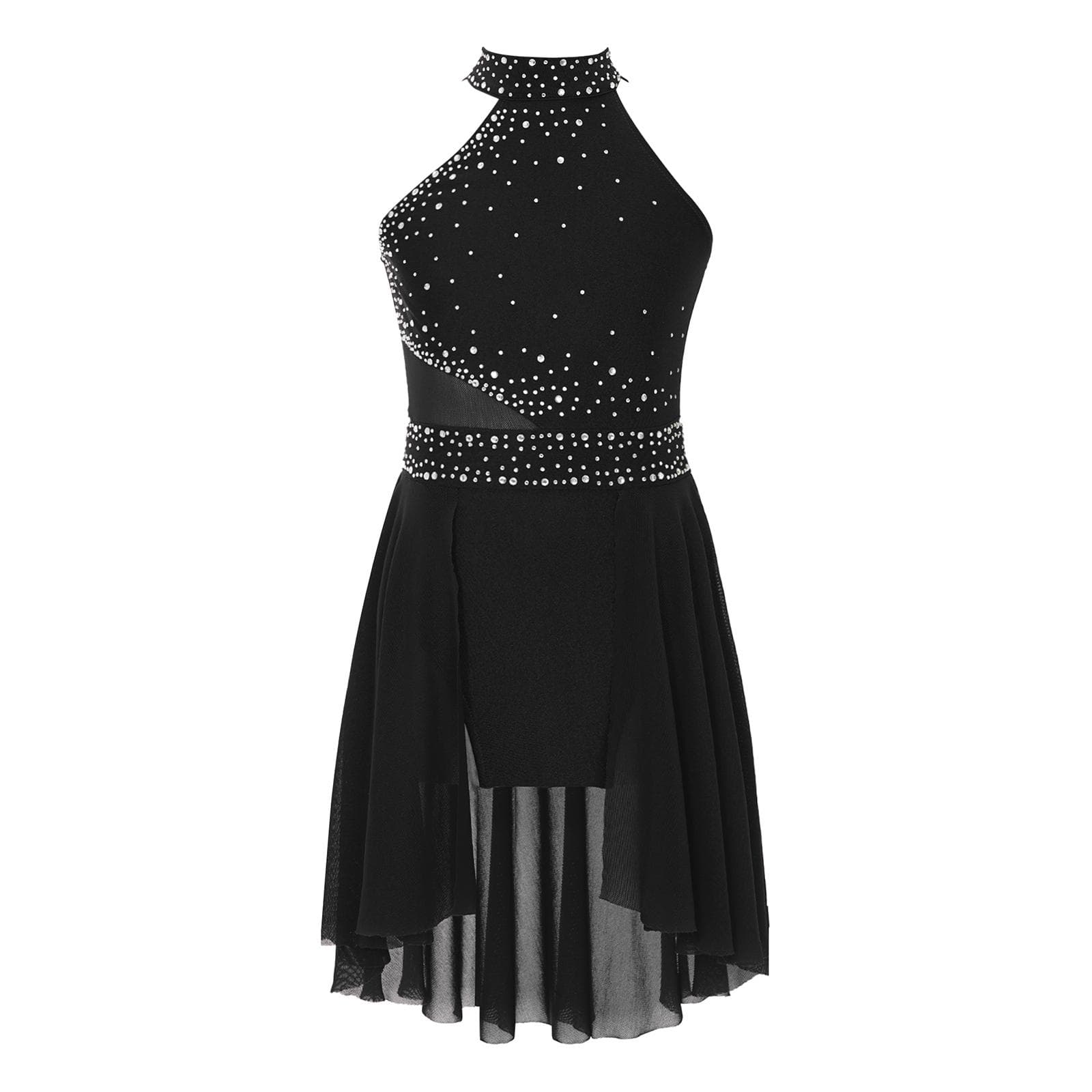 Girls Glittery Rhinestones Leotard Dress Irregular Hem Sleeveless Lyrical Dance Performance Costume 5-6 Years black