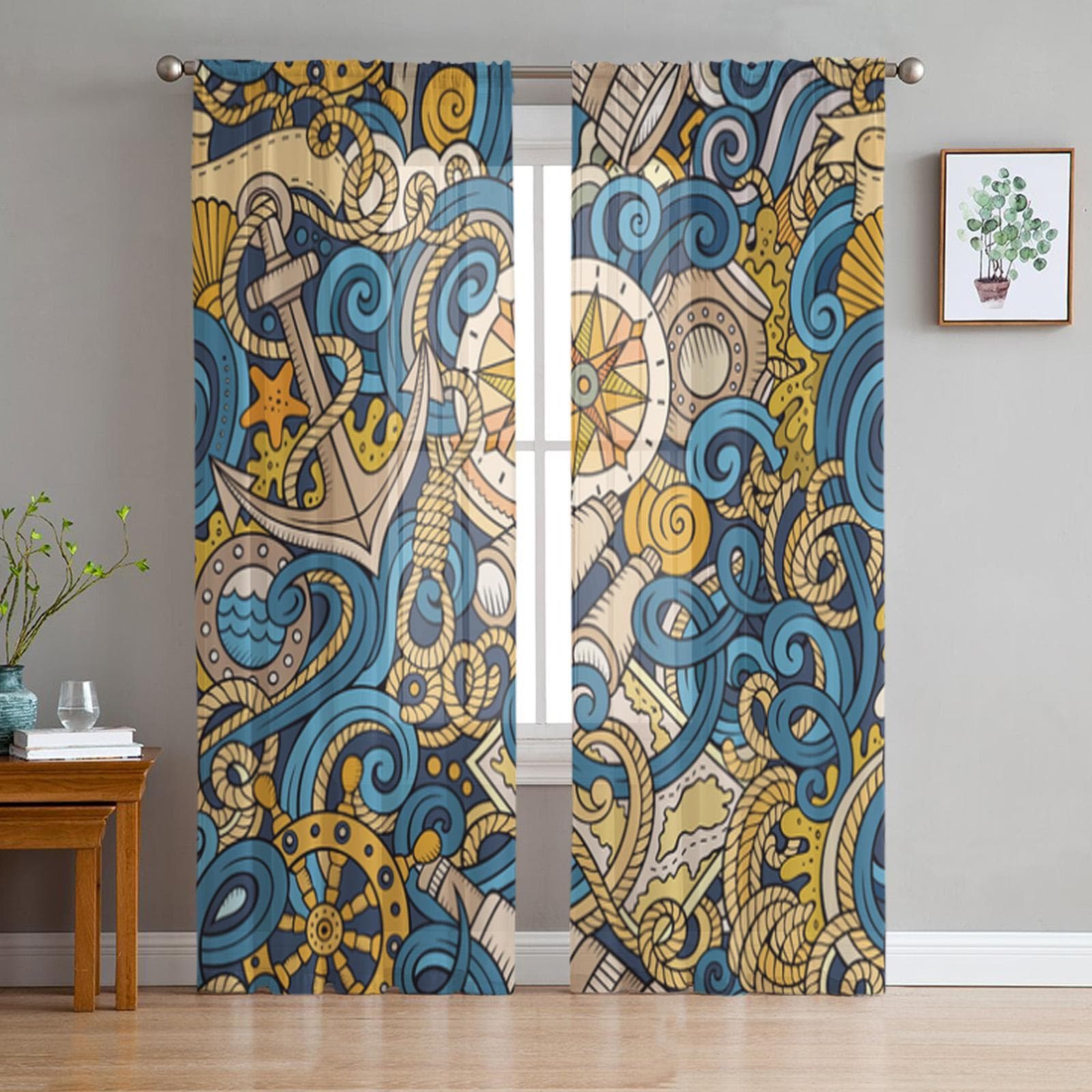 Cartoon Nautical Doodles Sheer Curtains for Living Room Transparent Tulle Window Curtain Bedroom Kitchen Home Decor Veil Drapes 135W x 114H(cm)