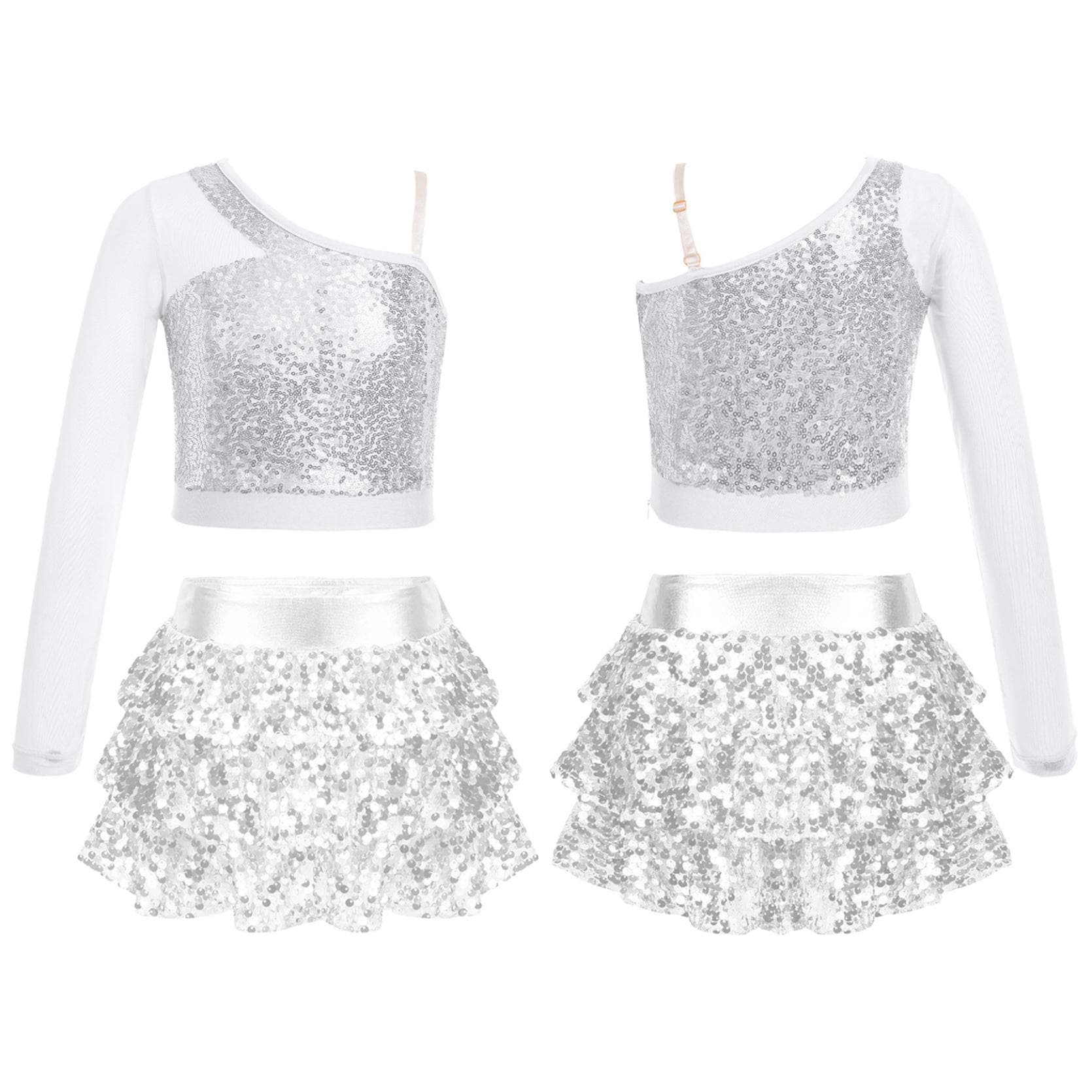 Kids Girls Dance Stage Performance Costume Sparkly Sequins Long Sleeve One Shoulder Top with Tiered Ruffle Skirted Shorts 13-14 Years silver
