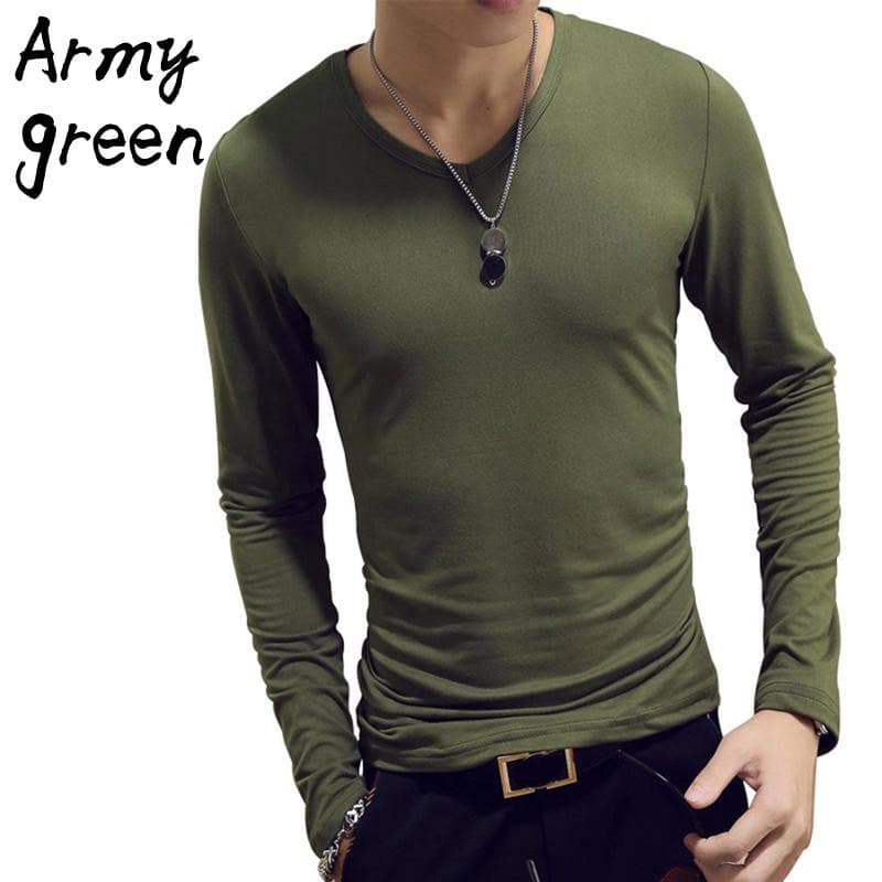 Elastic Mens T-Shirt V-Neck Long Sleeve Men T Shirt For Male Cotton T-Shirts Man Clothing TShirt Top Tees XL green