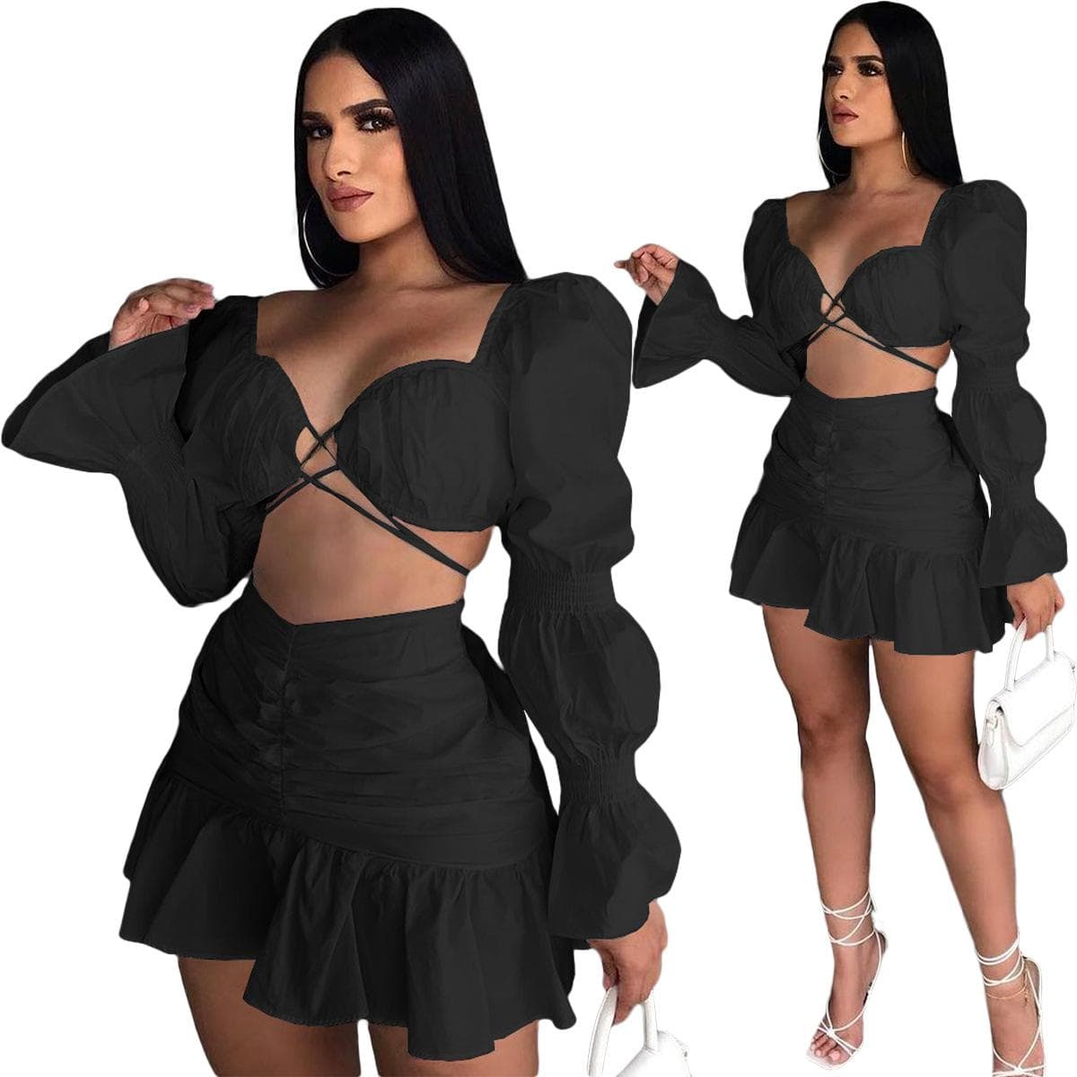 Women Skirts Set Solid Bandage Puff Sleeve Crop Tops Mini Skirt Two 2 Piece Sets Sexy Night Clubwear Fashion Outfit Fall XXL