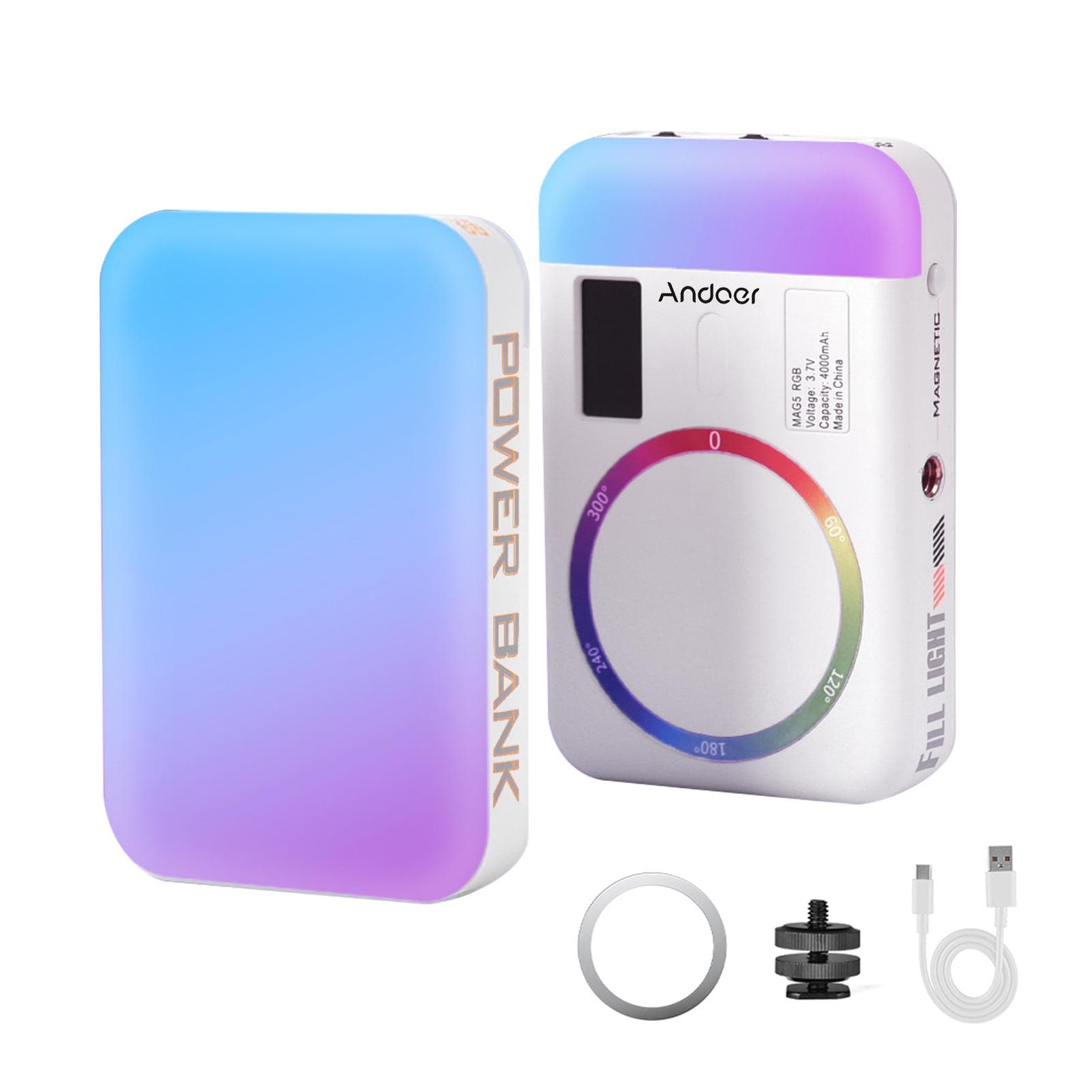 Andoer MAG5 RGB Video Light Double-Sided Photography Light 2500K-9000K Dimmable Camera Phone Fill white