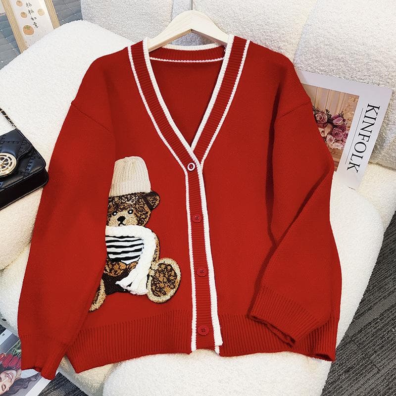 Autumn and Winter New Japanese College Style Retro Bear Embroidered Versatile Knitted Cardigan Jacket One size red