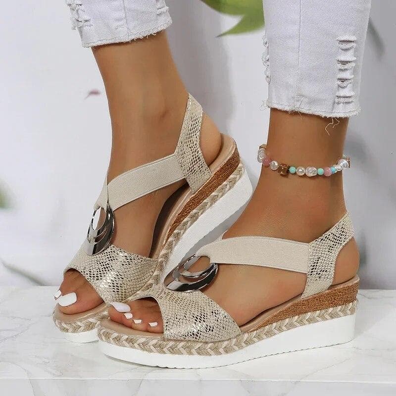 Metal Decoration Women's Wedges Sandals 2024 Summer Snake Print Platform Gladiator Shoes Woman Comfort Casual Med Heels Sandals 41 gold