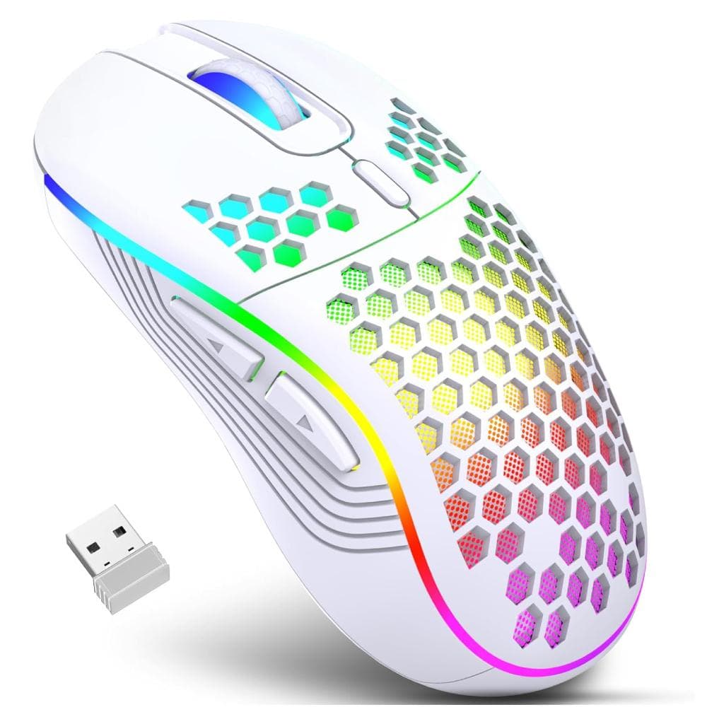 2.4G Wireless Gaming Mouse RGB Lighting Charging Mouse  with Adjustable DPI Ergonomic Honeycomb Design for Desktop Laptop white