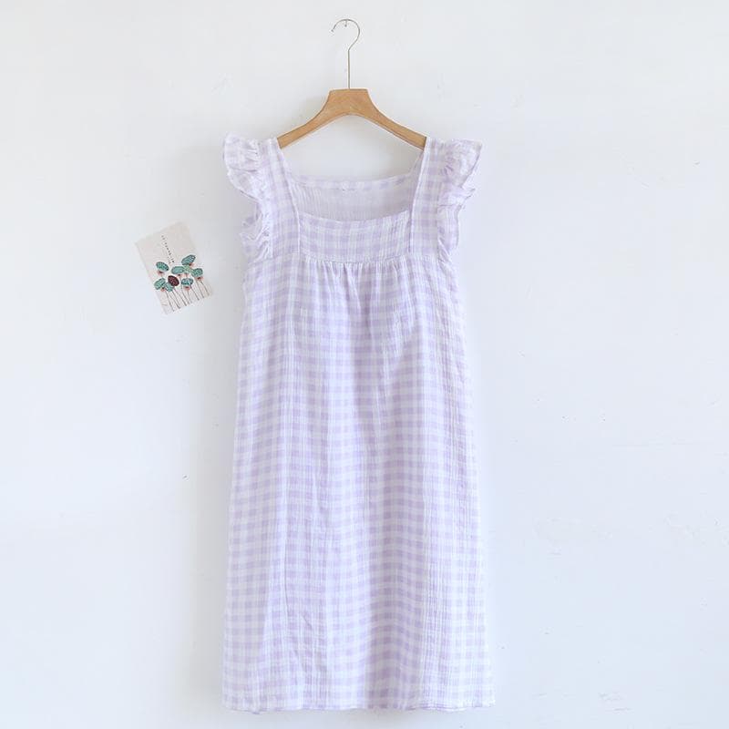 Summer New Women's Nightgown Vest 100% Cotton Large Size Loose Plaid Dress with Breast Pads XL purple